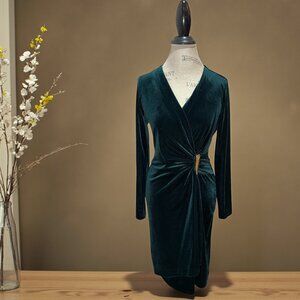 Calvin Klein Size 6 Green Velvet Faux Wrap Long Sleeve V-Neck Dress